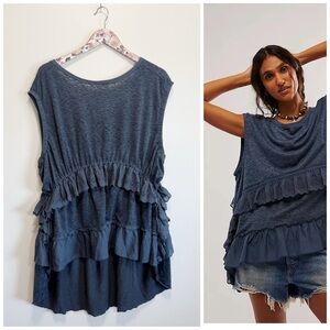 FREE PEOPLE Claire Ruffle Tunic Tank Top L Large Blue Tee Top